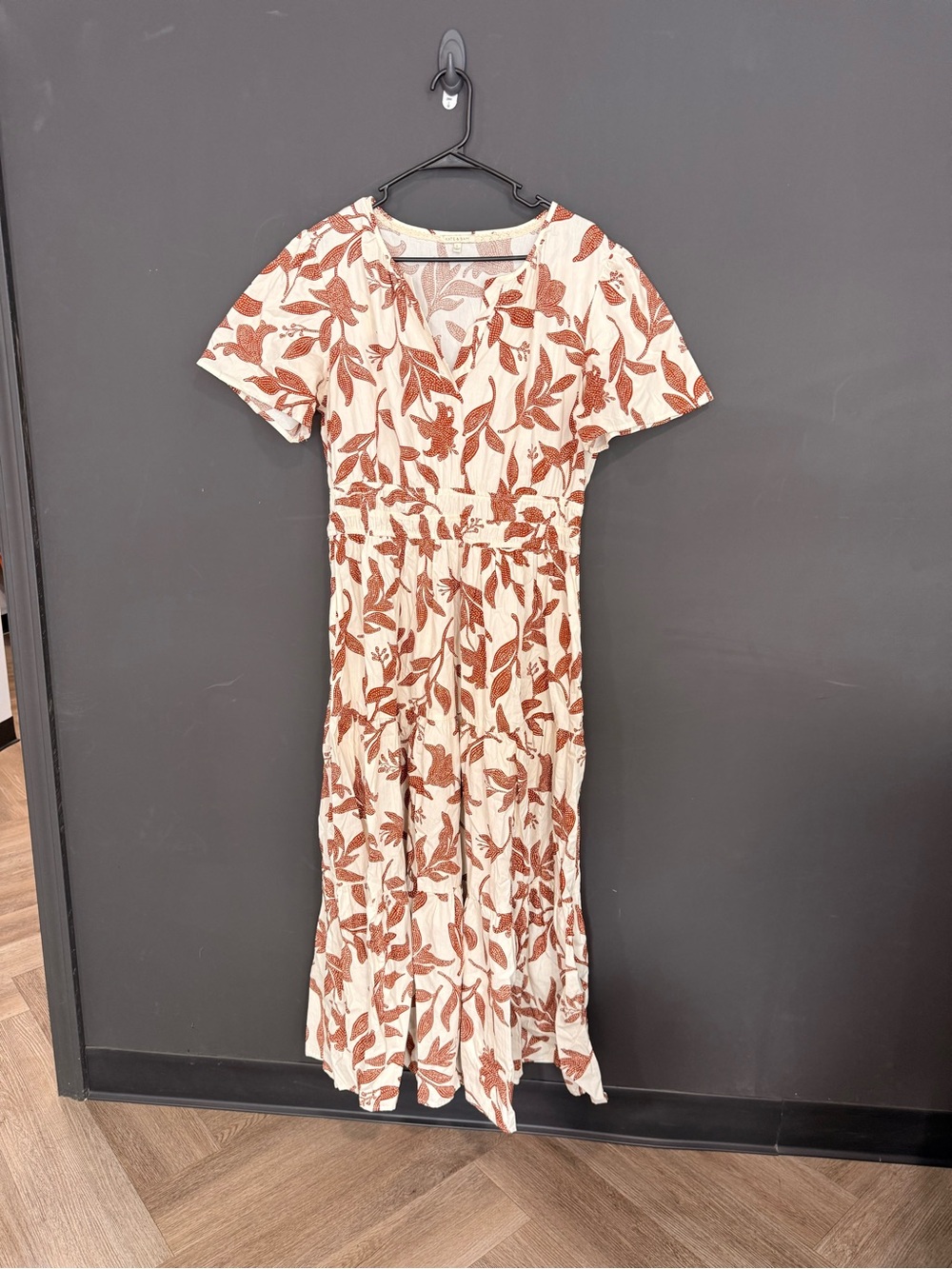 Cream Midi Dress with Rust Leaf Print and V-Neck